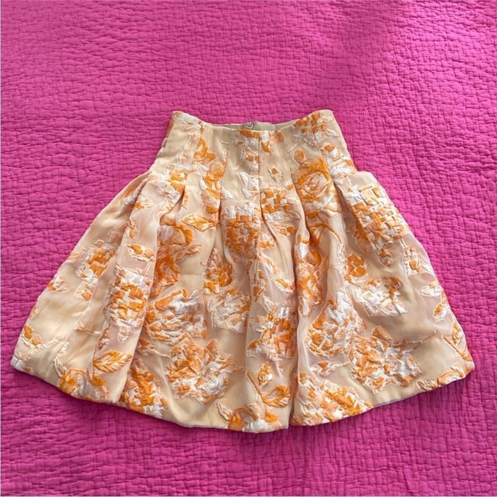 Rex Haute Couture Elegant Beige and Orange Floral A-Line Skirt, S